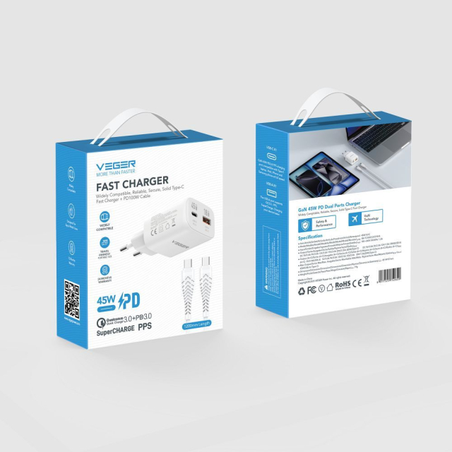 Nabíječka na telefon USB-A + Type-C PD 45 W + datový kabel Type-C na C 100 W VEGER TR121, bílá