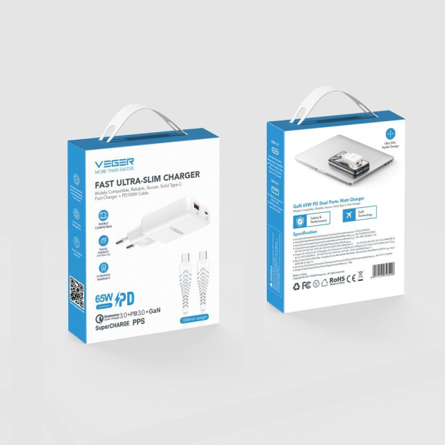 Nabíječka na telefon USB-A + Type-C PD 65 W + datový kabel Type-C na Type-C 100 W VEGER TR122, bílá