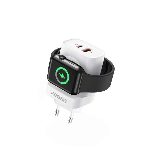 Nabíječka na telefon VEGER USB-A + Typ C + bezdrátová nabíječka, kompatibilní s Apple Watch, PD, QC 3.0, 3 A, 25 W, W002E, bílá