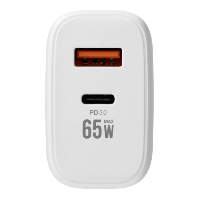 Nabíječka na telefon VEGER USB-A + Typ C, PD, QC3.0, 3,25 A, 65 W + kabel USB-C na USB-C TR67, bílá