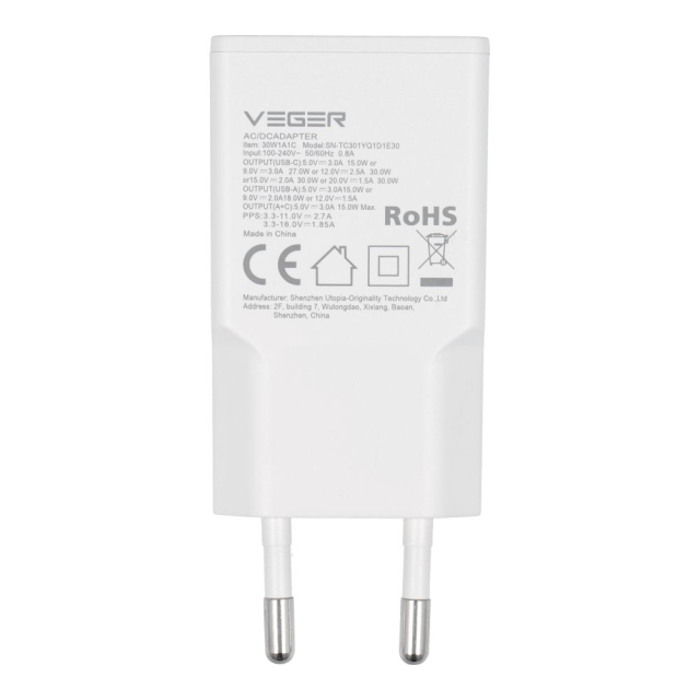 Nabíječka na telefon VEGER USB A + USB C QC PD 30 W 30 W 1 A 1 C, bílá