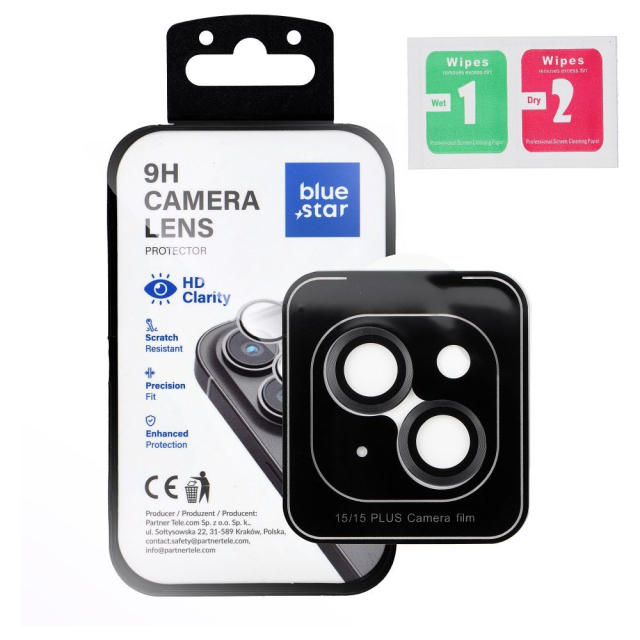 Ochranná fólie z tvrzeného skla na objektiv fotoaparátu pro iPhone 15 / 15 PLUS Blue Star – snadná instalace, černá