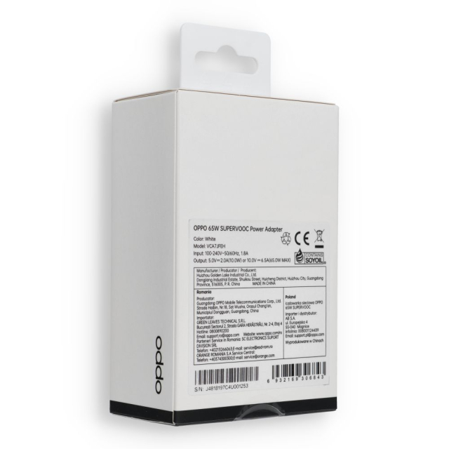 Originální nabíječka OPPO SuperVOOC typu C VCA7JFEH 65 W, bílá, v blistru