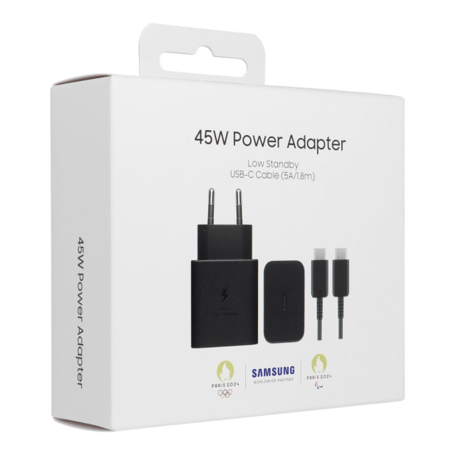 Originální nabíječka SAMSUNG typu C + kabel typu C na typ C, PD 3 A, 45 W, EP-T4511XBEGEU, černá, v blistru