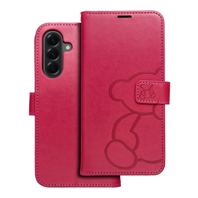Otočné pouzdro pro Samsung A56 5G Mezzo Book s motivem medvídka, magenta