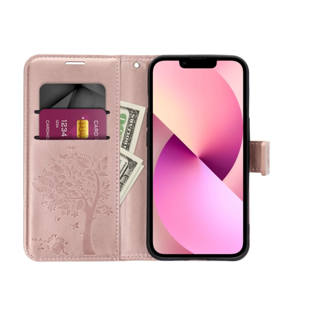Otočné pouzdro pro Samsung S22 Mezzo Book, motiv stromů, růžové zlato