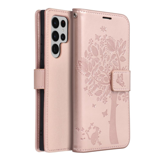 Otočné pouzdro pro Samsung S22 ULTRA Mezzo Book, motiv strom, růžové zlato