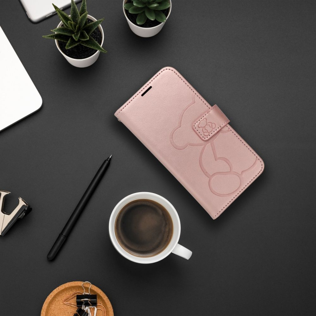 Otočné pouzdro pro Samsung S25 EDGE Mezzo Book s motivem medvídka, růžové zlato