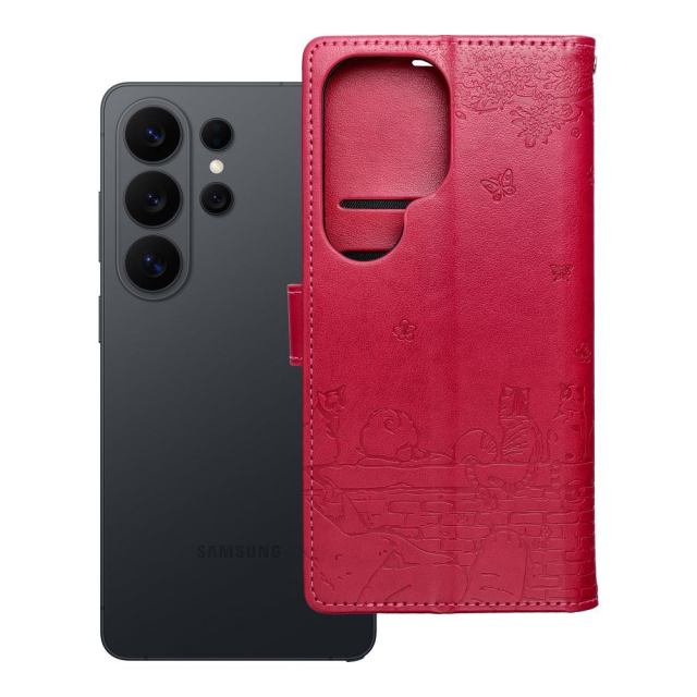 Otočné pouzdro pro Samsung S26 ULTRA Mezzo Book s motivem koček, červené