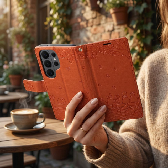 Otočné pouzdro pro Samsung S26 ULTRA Mezzo Book s motivem koček, hnědé