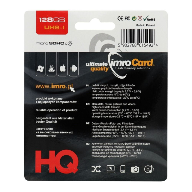 Paměťová karta IMRO microSD 128 GB, 100 MB/s, třída 10, UHS I, s adaptérem na SD