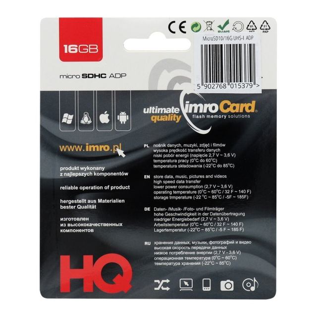Paměťová karta IMRO microSD 16 GB, 100 MB/s, třída 10, UHS I, s adaptérem na SD