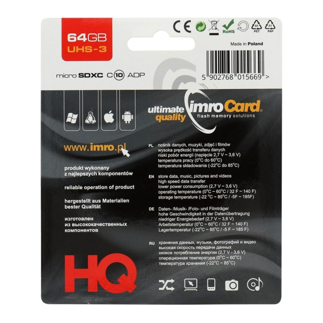 Paměťová karta IMRO microSD 64 GB, 100 MB/s, třída 10, UHS 3, s adaptérem na SD