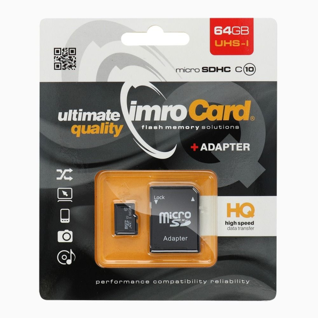 Paměťová karta IMRO microSD 64 GB, 100 MB/s, třída 10, UHS I, s adaptérem na SD