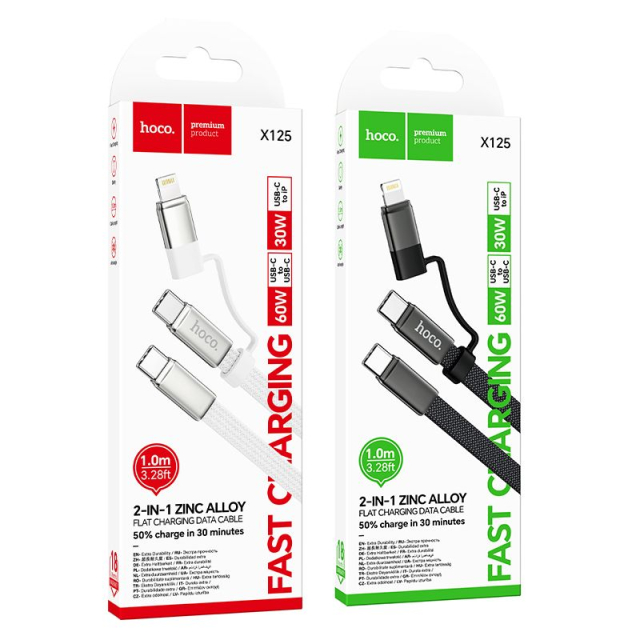 Plochý kabel USB-C na USB-C/iPad 2 v 1, Hoco, 3 A, 60 W, 1 m × 1,25 m, černý