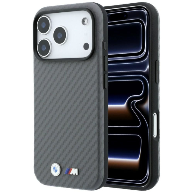 Pouzdro BMW pro iPhone 18 Pro/17 Pro kompatibilní s MagSafe (karbonové kovové logo), šedé