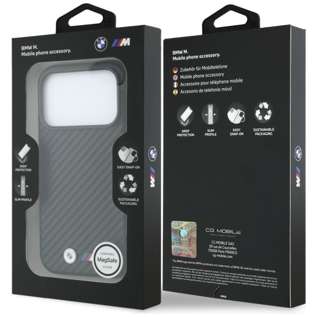 Pouzdro BMW pro iPhone 18 Pro/17 Pro kompatibilní s MagSafe (logo Carbon Metal) – černé