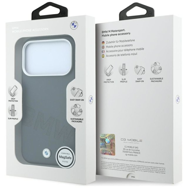 Pouzdro BMW pro iPhone 18 Pro Max/17 Pro Max kompatibilní s MagSafe (s nakloněnými vyraženými písmeny) – šedé