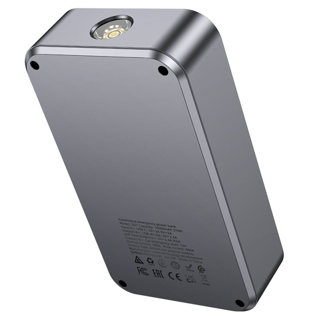 Powerbanka 10 000 mAh, 2,4 A, 18 W s funkcí startování automobilu Hoco QS7, kovově šedá