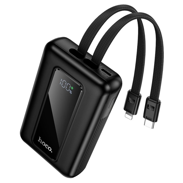 Powerbanka 10 000 mAh QC PD 22,5 W s integrovanými kabely USB-C a Lightning, Hoco J162, černá