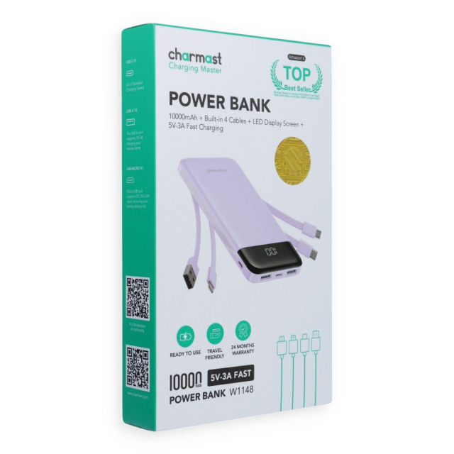 Powerbanka 5 V, 3 A, 10 000 mAh s integrovanými kabely USB-A / USB-C / Lightning / Micro USB, Charmast W1148, fialová