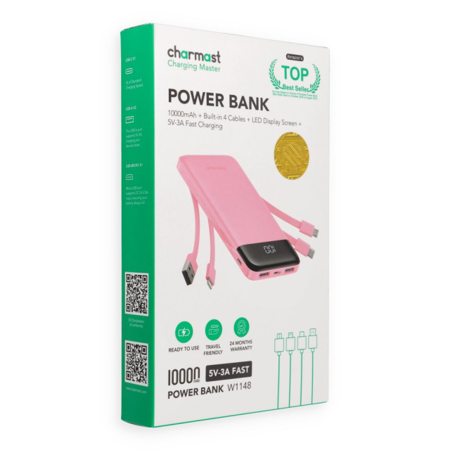 Powerbanka 5 V, 3 A, 10 000 mAh s integrovanými kabely USB-A / USB-C / Lightning / Micro USB, Charmast W1148, růžová