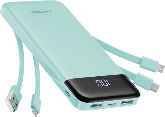 Powerbanka 5 V, 3 A, 10 000 mAh s integrovanými kabely USB-A / USB-C / Lightning / Micro USB, Charmast W1148, zelená