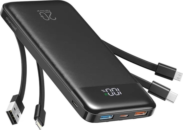 Powerbanka Charmast W1148 5 V, 3 A, 10 000 mAh s integrovanými kabely USB-A / USB-C / Lightning / Micro USB, černá