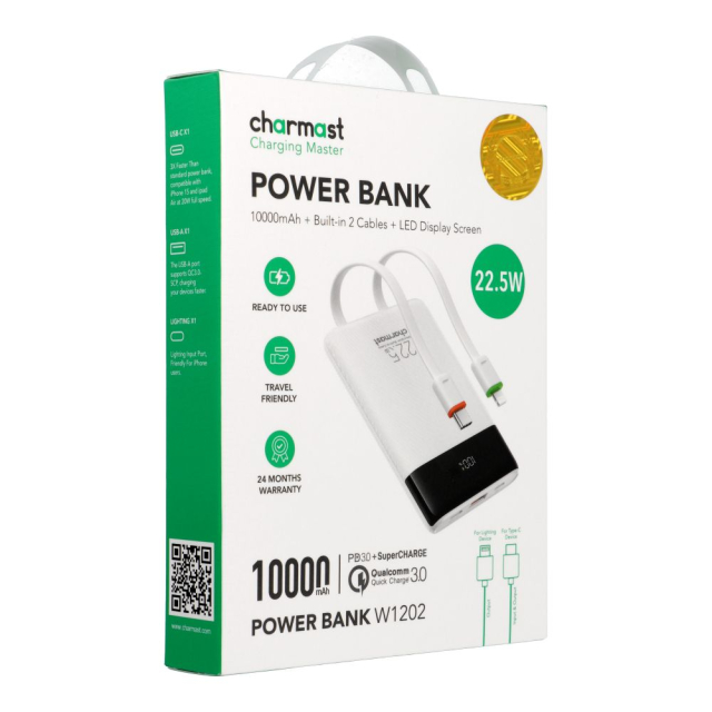 Powerbanka Charmast W1202 PD3.0 3 A 22,5 W 10 000 mAh s integrovanými kabely USB-C / Lightning, bílá
