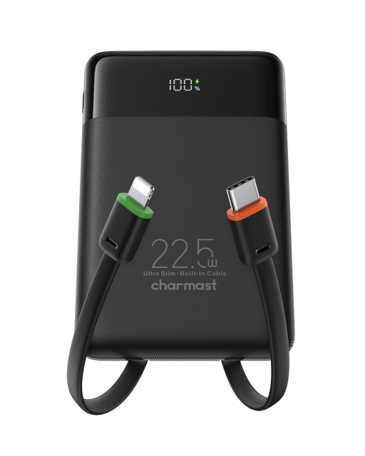 Powerbanka Charmast W1202 PD3.0 3 A 22,5 W 10 000 mAh s integrovanými kabely USB-C / Lightning, černá