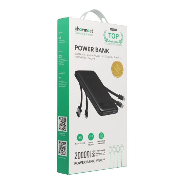 Powerbanka Charmast W2089 PD3.0 3 A 22,5 W 20 000 mAh s integrovanými kabely USB-A / USB-C / Lightning / Micro USB, černá