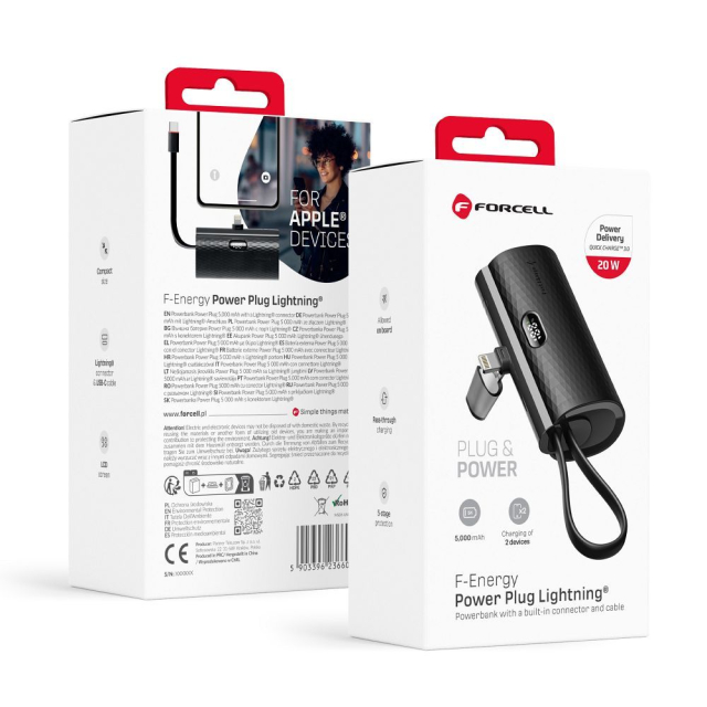 Powerbanka Forcell F-Energy Power Plug F5K3 PD 20 W 5 000 mAh s integrovaným konektorem Lightning, černá
