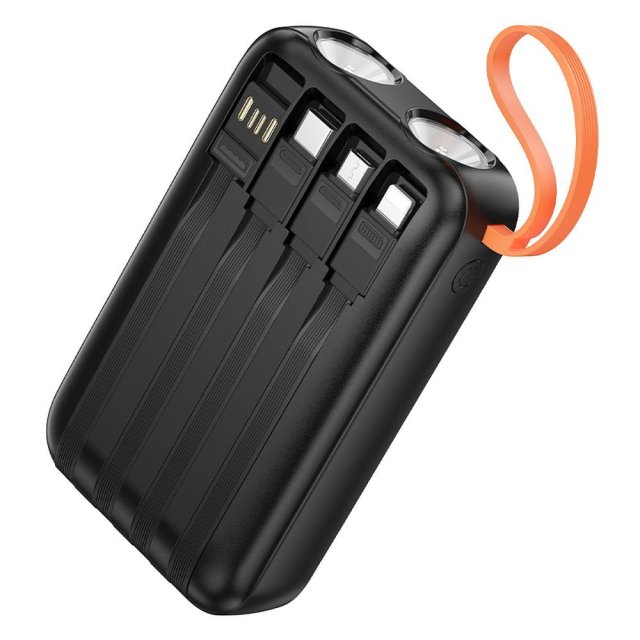 Powerbanka Hoco 10 000 mAh 2 A s integrovanými kabely USB-A, USB-C, Lightning a Micro USB a dvojitým LED diodovým indikátorem J151, černá