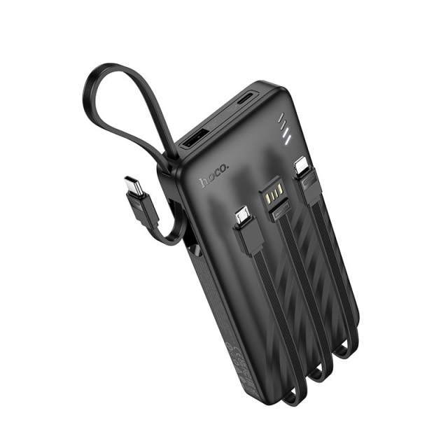 Powerbanka Hoco 10 000 mAh 2 A se čtyřmi integrovanými kabely: USB-A, USB-C, Lightning a Micro USB, model J146, černá