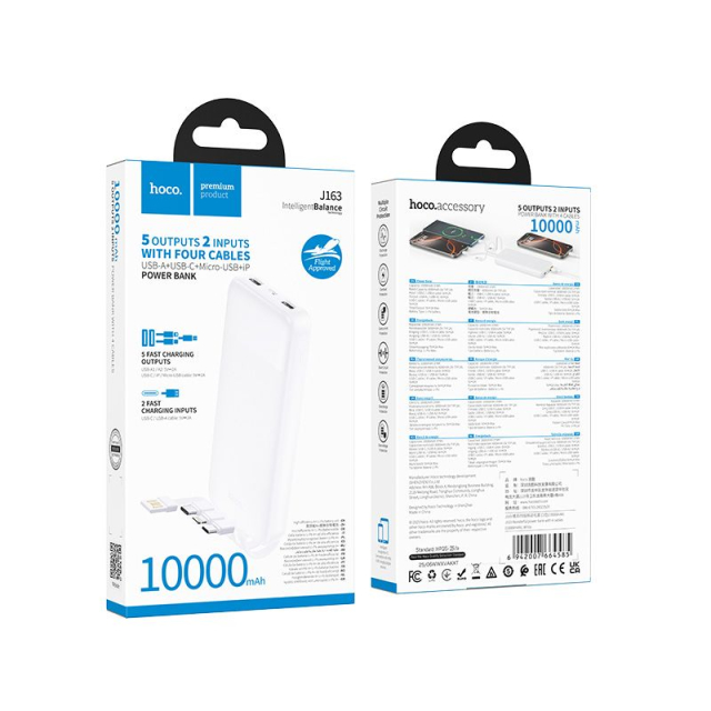 Powerbanka Hoco 10 000 mAh 2 A se čtyřmi integrovanými kabely: USB-A, USB-C, Lightning a Micro USB, model J163, bílá