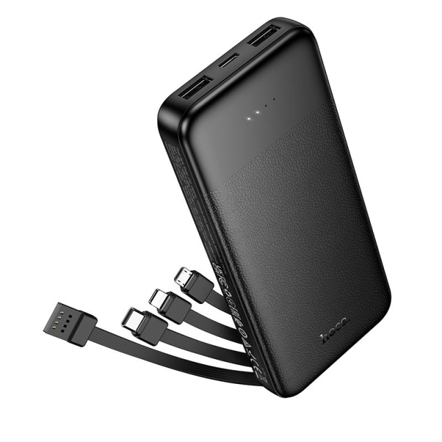 Powerbanka Hoco 10 000 mAh 2 A se čtyřmi integrovanými kabely: USB-A, USB-C, Lightning a Micro USB, model J163, černá