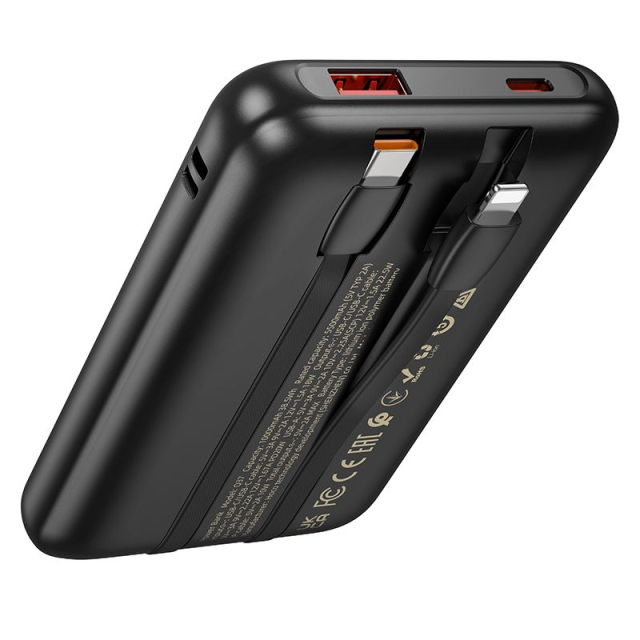 Powerbanka Hoco 10 000 mAh QC PD 22,5 W s integrovanými kabely USB-C + Lightning Q37, černá