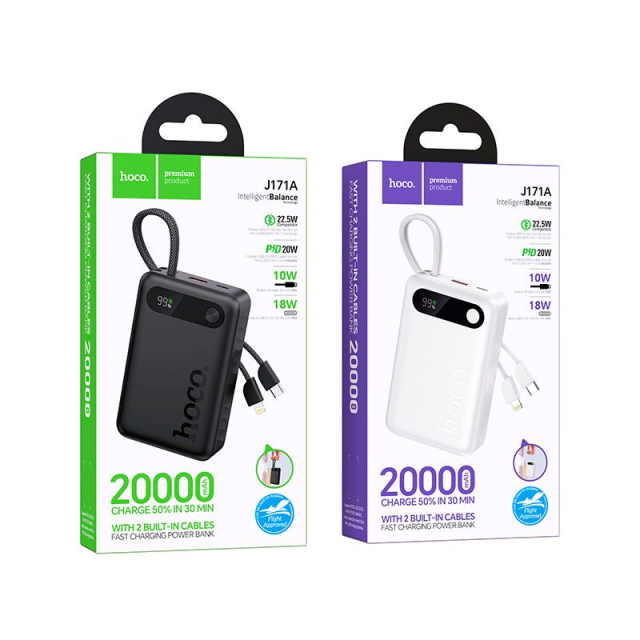 Powerbanka Hoco 20 000 mAh QC PD 2 A 22,5 W s integrovanými kabely USB-C + Lightning J171A, bílá