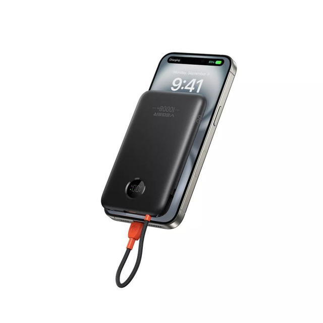 Powerbanka Veger 10 000 mAh s integrovaným kabelem USB-C, QC3.0, PD 2A, 22,5 W, K1C, W1189, černá