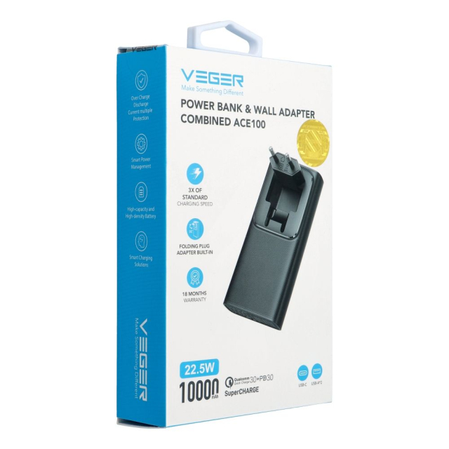 Powerbanka Veger ACE100 (W1146) PD QC3.0 20 W 10 000 mAh černá