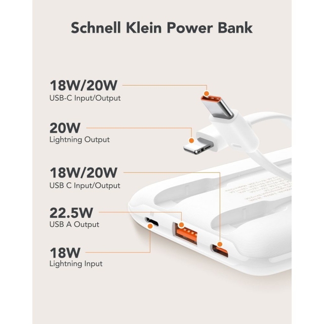 Powerbanka Veger C11 (W1170) PD QC3.0 2 A 22,5 W 10 000 mAh s integrovanými kabely USB-C a Lightning, bílá