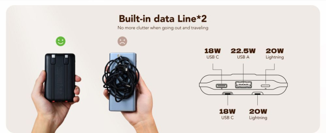 Powerbanka Veger C11 (W1170) PD QC3.0 2 A 22,5 W 10 000 mAh s integrovanými kabely USB-C / Lightning, černá