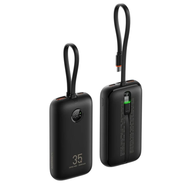 Powerbanka Veger K1 (W1188) PD QC3.0 35 W 10 000 mAh s integrovanými kabely typu C / Lightning, černá