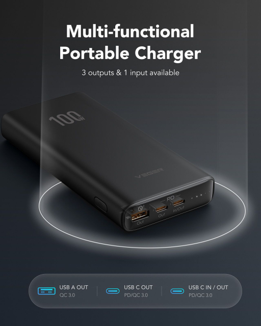 Powerbanka Veger T100 (W2032C-100) PD QC3.0 5 A 100 W 20 000 mAh černá