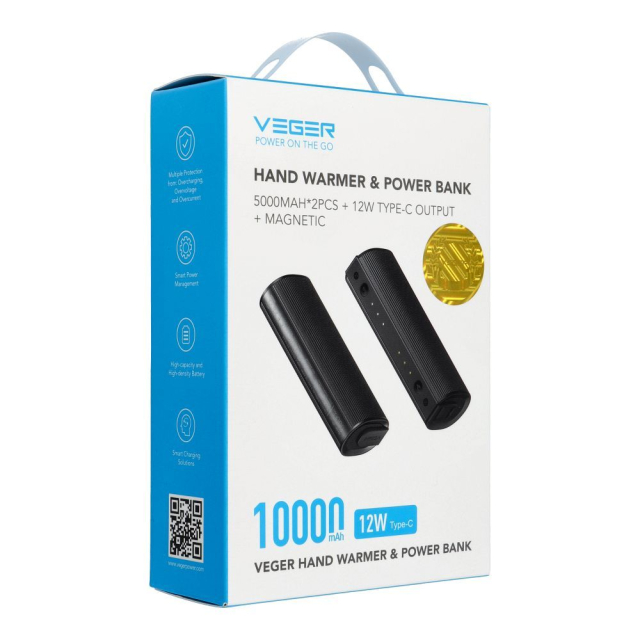 Powerbanka Veger W0587 2,4 A, 2 ks, 2 × 5000 mAh, s ohřívačem rukou, černá a stříbrná