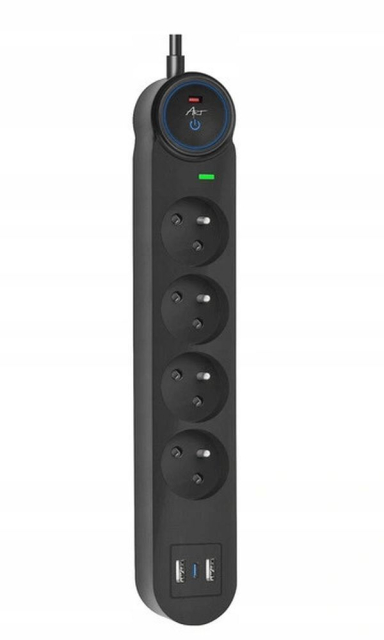 Prodlužovací kabel se 4 zásuvkami + 2 x USB A + USB C, model FU810, 1,5 m, černý
