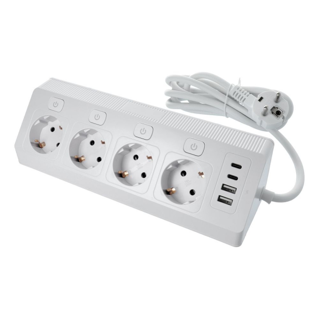 Rozbočovač se 4 zásuvkami, max. 3680 W, 2x USB-A, 2x porty typu C, s 2m napájecím kabelem, E42, bílý