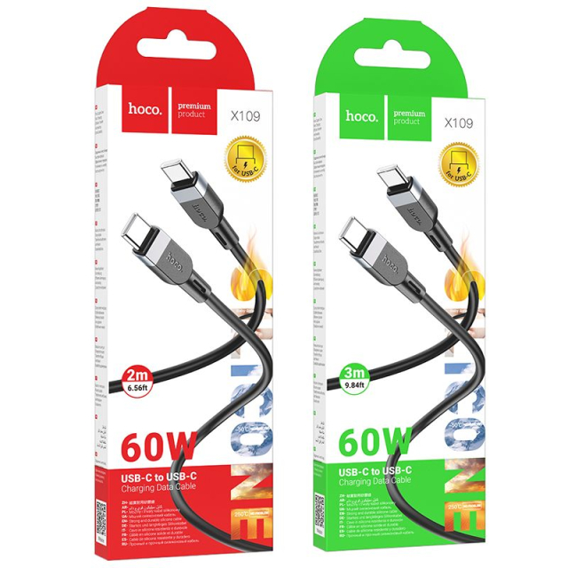 Silikonový kabel USB-C na USB-C Hoco 3A 60 W, 3 m, X109, černý