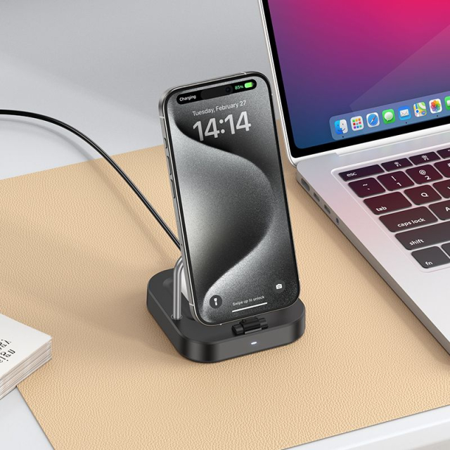 Stolní nabíječka Hoco 2 v 1 USB-C PD QC 3 A 30 W + bezdrátové nabíjení 5 W CQ16B černá