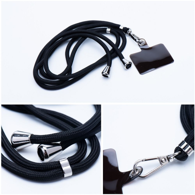 SWING (6 mm) Šňůrka na telefon, přívěsek na telefon s nastavitelnou délkou / délka šňůrky 165 cm (max. 82,5 cm v smyčce) / na rameno nebo na krk – černá